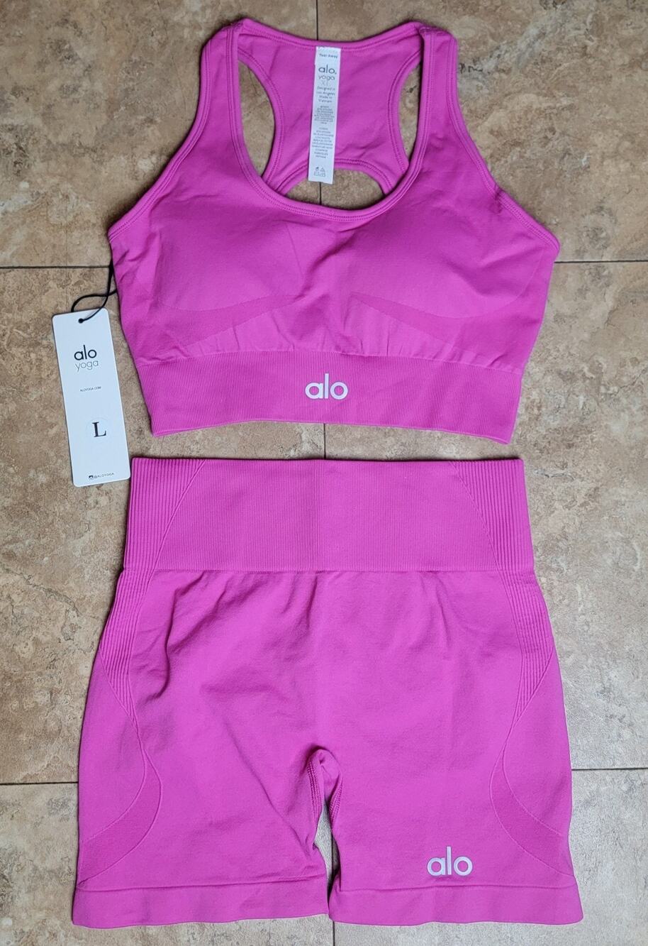 ALO Yoga Sz L Racerback Sport Bra Biker Shorts Pink Athletic Activewear Gym Set